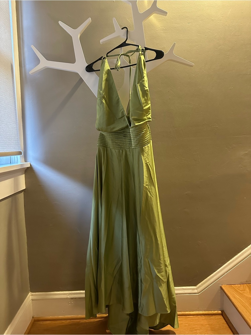 Backless Olive Halter Maxi Dress with Tie Straps